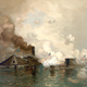 USS Monitor engaging CSS Virginia, March 9th, 1862. A lithograph signed “Jo Davidson”.
